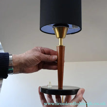 Load image into Gallery viewer, Stylish Vintage Scandinavian Style Turned Teak &amp; Brass Table Lamp with Button On / Off Switch on the base
