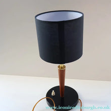 Load image into Gallery viewer, Stylish Vintage Scandinavian Style Turned Teak &amp; Brass Table Lamp with Button On / Off Switch on the base
