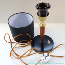 Load image into Gallery viewer, Stylish Vintage Scandinavian Style Turned Teak &amp; Brass Table Lamp with Button On / Off Switch on the base
