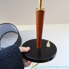 Load image into Gallery viewer, Stylish Vintage Scandinavian Style Turned Teak &amp; Brass Table Lamp with Button On / Off Switch on the base
