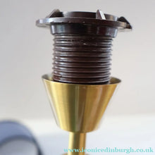 Load image into Gallery viewer, Stylish Vintage Scandinavian Style Turned Teak &amp; Brass Table Lamp with Button On / Off Switch on the base
