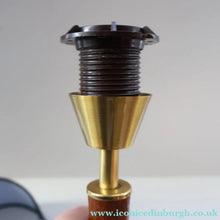 Load image into Gallery viewer, Stylish Vintage Scandinavian Style Turned Teak &amp; Brass Table Lamp with Button On / Off Switch on the base
