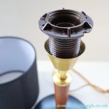 Load image into Gallery viewer, Stylish Vintage Scandinavian Style Turned Teak &amp; Brass Table Lamp with Button On / Off Switch on the base
