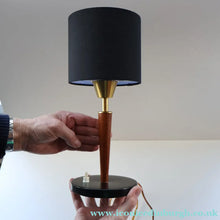 Load image into Gallery viewer, Stylish Vintage Scandinavian Style Turned Teak &amp; Brass Table Lamp with Button On / Off Switch on the base
