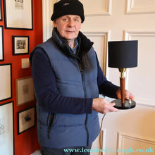 Load image into Gallery viewer, Stylish Vintage Scandinavian Style Turned Teak &amp; Brass Table Lamp with Button On / Off Switch on the base
