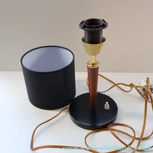 Load image into Gallery viewer, Stylish Vintage Scandinavian Style Turned Teak &amp; Brass Table Lamp with Button On / Off Switch on the base
