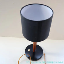 Load image into Gallery viewer, Stylish Vintage Scandinavian Style Turned Teak &amp; Brass Table Lamp with Button On / Off Switch on the base
