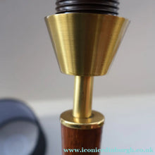Load image into Gallery viewer, Stylish Vintage Scandinavian Style Turned Teak &amp; Brass Table Lamp with Button On / Off Switch on the base
