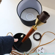 Load image into Gallery viewer, Stylish Vintage Scandinavian Style Turned Teak &amp; Brass Table Lamp with Button On / Off Switch on the base
