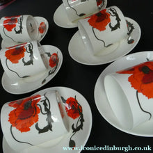 Load image into Gallery viewer, Susie Cooper Six Trios: Cups, Saucers and Sides Plates Cornpoppy Wedgwood
