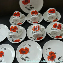 Load image into Gallery viewer, Susie Cooper Six Trios: Cups, Saucers and Sides Plates Cornpoppy Wedgwood
