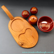 Load image into Gallery viewer, SWEDISH. JIE Gantofta Breakfast Set: Claret Ceramic Salt &amp; Pepper Set, Mustard Pot, Jam Pot on Teak Stand

