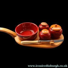 Load image into Gallery viewer, SWEDISH. JIE Gantofta Breakfast Set: Claret Ceramic Salt &amp; Pepper Set, Mustard Pot, Jam Pot on Teak Stand
