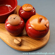 Load image into Gallery viewer, SWEDISH. JIE Gantofta Breakfast Set: Claret Ceramic Salt &amp; Pepper Set, Mustard Pot, Jam Pot on Teak Stand
