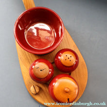 Load image into Gallery viewer, SWEDISH. JIE Gantofta Breakfast Set: Claret Ceramic Salt &amp; Pepper Set, Mustard Pot, Jam Pot on Teak Stand
