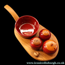 Load image into Gallery viewer, SWEDISH. JIE Gantofta Breakfast Set: Claret Ceramic Salt &amp; Pepper Set, Mustard Pot, Jam Pot on Teak Stand
