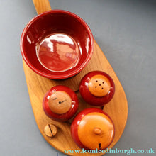 Load image into Gallery viewer, SWEDISH. JIE Gantofta Breakfast Set: Claret Ceramic Salt &amp; Pepper Set, Mustard Pot, Jam Pot on Teak Stand
