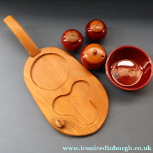Load image into Gallery viewer, SWEDISH. JIE Gantofta Breakfast Set: Claret Ceramic Salt &amp; Pepper Set, Mustard Pot, Jam Pot on Teak Stand
