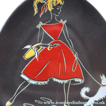 Load image into Gallery viewer, Sweet Little 1950s German U-Keramik Plate by Ursula Schonhaber Showing a Girl Walking her Dog
