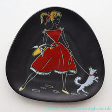 Load image into Gallery viewer, Sweet Little 1950s German U-Keramik Plate by Ursula Schonhaber Showing a Girl Walking her Dog
