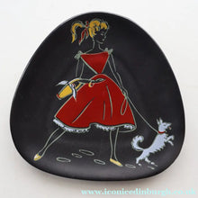 Load image into Gallery viewer, Sweet Little 1950s German U-Keramik Plate by Ursula Schonhaber Showing a Girl Walking her Dog
