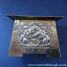 Load image into Gallery viewer, Sweet Miniature Arts &amp; Craft Brass GLASGOW SCHOOL Planter with Rose Repousee Decoration; c 1910s
