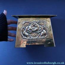 Load image into Gallery viewer, Sweet Miniature Arts &amp; Craft Brass GLASGOW SCHOOL Planter with Rose Repousee Decoration; c 1910s

