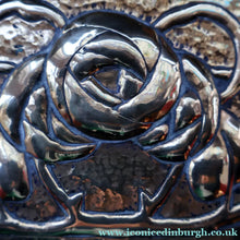 Load image into Gallery viewer, Sweet Miniature Arts &amp; Craft Brass GLASGOW SCHOOL Planter with Rose Repousee Decoration; c 1910s
