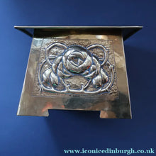 Load image into Gallery viewer, Sweet Miniature Arts &amp; Craft Brass GLASGOW SCHOOL Planter with Rose Repousee Decoration; c 1910s
