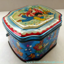 Load image into Gallery viewer, Vintage 1950s HORNER Nursery Tin. Jack and Jill on lid - and various other characters around the sides
