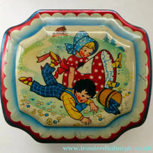 Load image into Gallery viewer, Vintage 1950s HORNER Nursery Tin. Jack and Jill on lid - and various other characters around the sides
