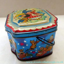 Load image into Gallery viewer, Vintage 1950s HORNER Nursery Tin. Jack and Jill on lid - and various other characters around the sides

