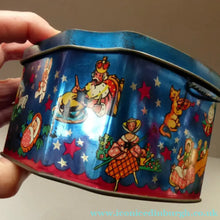 Load image into Gallery viewer, Vintage 1950s HORNER Nursery Tin. Jack and Jill on lid - and various other characters around the sides
