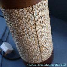 Load image into Gallery viewer, TALL 1970s Scandinavian Style Teak Table Lamp with Woven Straw Cladding
