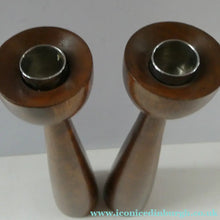 Load image into Gallery viewer, Tall Vintage Scandi-Style Teak Wooden Candlesticks with Metal Sconces
