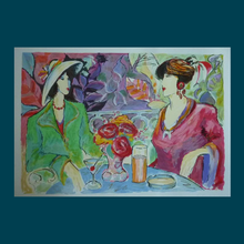 Load image into Gallery viewer, 1980s Large ORIGINAL SCREENPRINT: Pencil Signed; Limited Edition. Two Elegant Ladies Having Cocktails in a Garden
