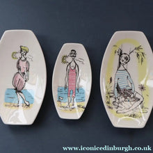 Load image into Gallery viewer, Three Pin Dishes April and Gay Nineties by Maureen Tanner 1950s
