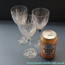 Load image into Gallery viewer, THREE GLASSES: Vintage Edinburgh Crystal Smaller WHITE WINE Glasses. SYMPHONY PATTERN. 7 1/8 inches (CODE F)
