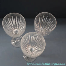 Load image into Gallery viewer, THREE GLASSES: Vintage Edinburgh Crystal Smaller WHITE WINE Glasses. SYMPHONY PATTERN. 7 1/8 inches (CODE F)
