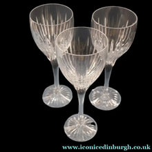 Load image into Gallery viewer, THREE GLASSES: Vintage Edinburgh Crystal Smaller WHITE WINE Glasses. SYMPHONY PATTERN. 7 1/8 inches (CODE F)
