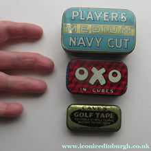 Load image into Gallery viewer, Three Vintage Advertising Tins: Players, Oxo and Cave's Golf Tape
