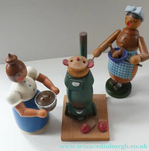 Load image into Gallery viewer, THREE Vintage German Erzgebirge Wooden Handmade Incense Smokers by Frank Beyer: Two Cooks and Kitchen Stove
