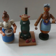 Load image into Gallery viewer, THREE Vintage German Erzgebirge Wooden Handmade Incense Smokers by Frank Beyer: Two Cooks and Kitchen Stove
