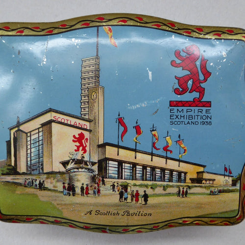 Rare Survivor Glasgow Empire Exhibition Sweetie Tin 1938; with an Image of the Scottish Pavilion