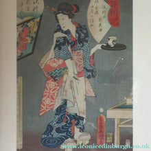 Load image into Gallery viewer, Antique Edo Period Japanese Woodblock Print with Geisha Serving Tea
