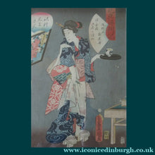 Load image into Gallery viewer, Traditional ANTIQUE 19th Century Japanese Woodblock Print: Featuring a Beautiful Geisha Dressed  in Decorative Kimono and Serving Tea
