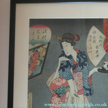 Load image into Gallery viewer, Antique Edo Period Japanese Woodblock Print with Geisha Serving Tea
