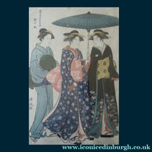 Load image into Gallery viewer, Traditional ANTIQUE 19th Century Japanese Woodblock Print: Featuring Three Geisha in Decorative Kimonos. One Carrying a Large Parasol
