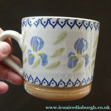 Load image into Gallery viewer, TWO Large Irish Ceramic Mugs by Nicholas Mosse. Spongeware Iris and Clementis Designs
