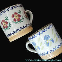 Load image into Gallery viewer, TWO Large Irish Ceramic Mugs by Nicholas Mosse. Spongeware Iris and Clementis Designs
